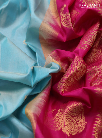 Pure gadwal silk saree pastel blue and pink with zari woven buttas and temple design zari woven border
