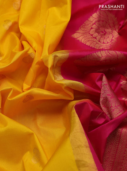 Pure gadwal silk saree yellow and pink with zari woven paisley buttas and temple design zari woven border