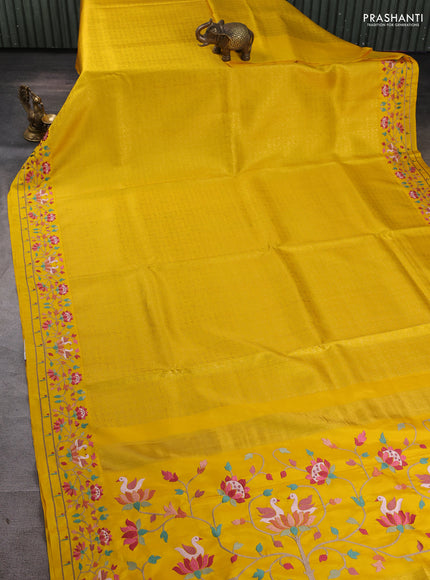 Pure kanchipuram silk saree yellow with allover zari checks & buttas and embroidery border