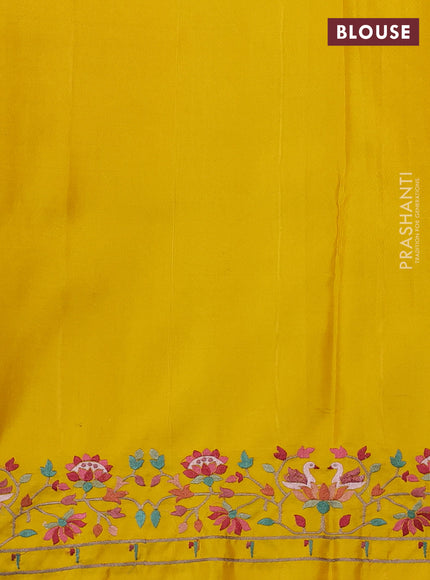 Pure kanchipuram silk saree yellow with allover zari checks & buttas and embroidery border