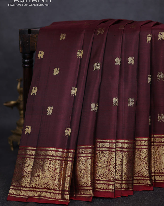 Pure kanchipuram silk saree deep maroon with annam zari woven buttas and annam zari woven border