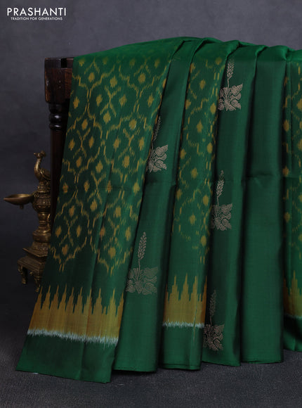 Ikat soft silk saree green and dark mustard with allover ikat weaves & zari buttas in borderless style