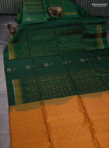Ikat soft silk saree green and dark mustard with allover ikat weaves & zari buttas in borderless style