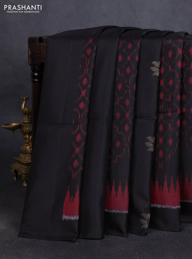 Ikat soft silk saree black and red with allover ikat weaves & zari buttas in borderless style