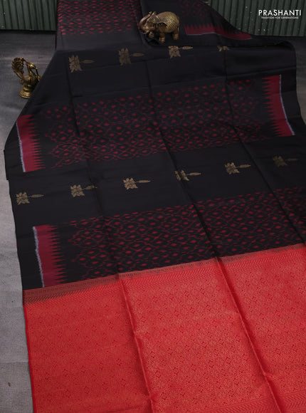 Ikat soft silk saree black and red with allover ikat weaves & zari buttas in borderless style