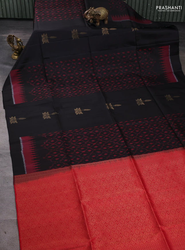 Ikat soft silk saree black and red with allover ikat weaves & zari buttas in borderless style
