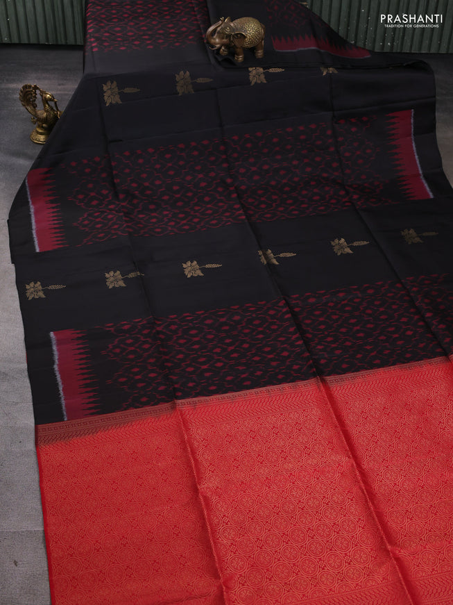 Ikat soft silk saree black and red with allover ikat weaves & zari buttas in borderless style