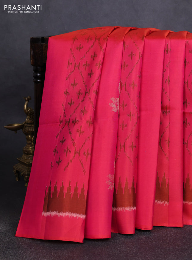 Ikat soft silk saree dual tone pinkish orange and dark beige with allover ikat weaves & zari buttas in borderless style