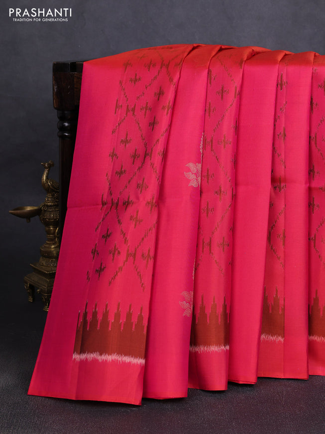 Ikat soft silk saree dual tone pinkish orange and dark beige with allover ikat weaves & zari buttas in borderless style