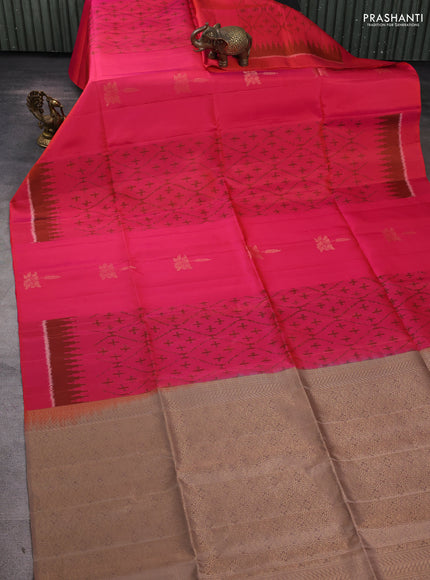 Ikat soft silk saree dual tone pinkish orange and dark beige with allover ikat weaves & zari buttas in borderless style