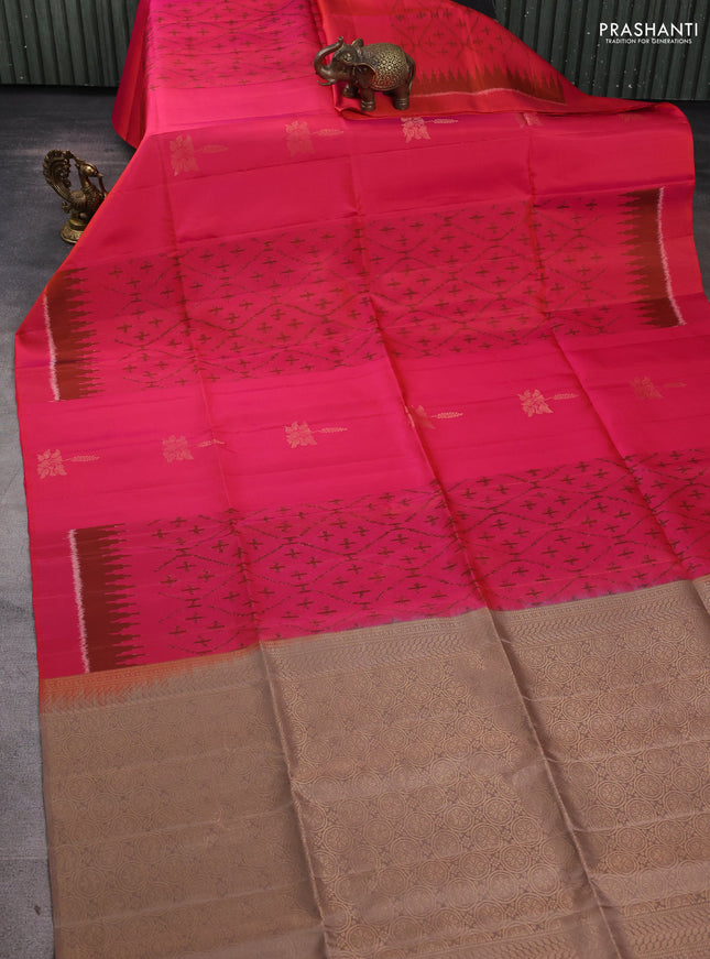 Ikat soft silk saree dual tone pinkish orange and dark beige with allover ikat weaves & zari buttas in borderless style