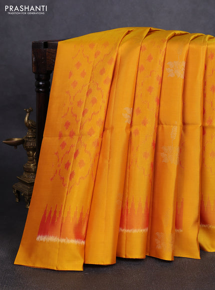 Ikat soft silk saree mango yellow and red with allover ikat weaves & zari buttas in borderless style