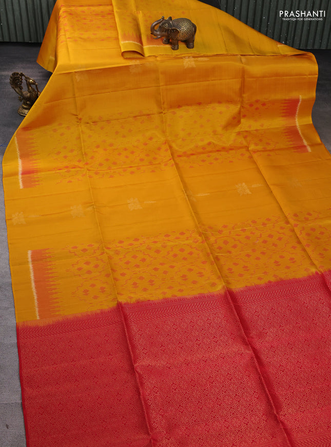 Ikat soft silk saree mango yellow and red with allover ikat weaves & zari buttas in borderless style