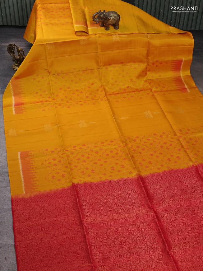 Ikat soft silk saree mango yellow and red with allover ikat weaves & zari buttas in borderless style