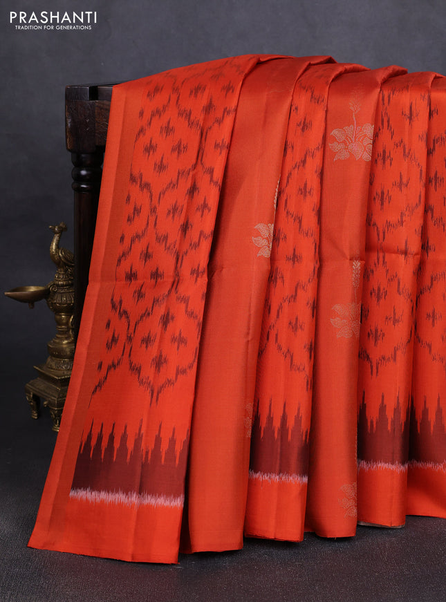 Ikat soft silk saree rustic orange and dark beige with allover ikat weaves & zari buttas in borderless style
