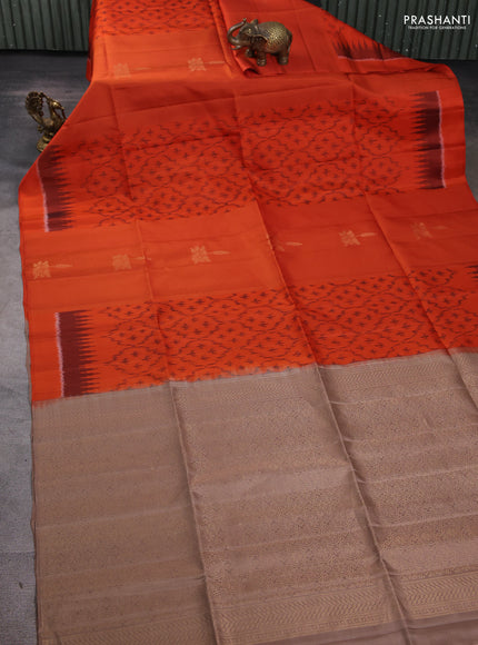 Ikat soft silk saree rustic orange and dark beige with allover ikat weaves & zari buttas in borderless style