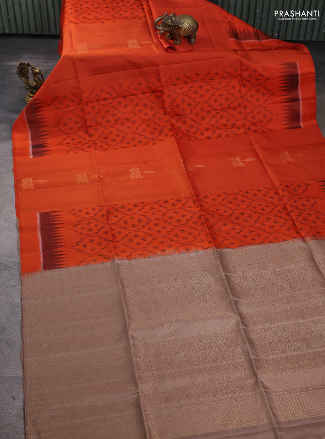 Ikat soft silk saree rustic orange and dark beige with allover ikat weaves & zari buttas in borderless style