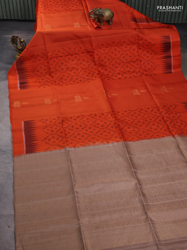 Ikat soft silk saree rustic orange and dark beige with allover ikat weaves & zari buttas in borderless style