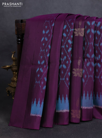 Ikat soft silk saree purple and dual tone blue with allover ikat weaves & zari buttas in borderless style
