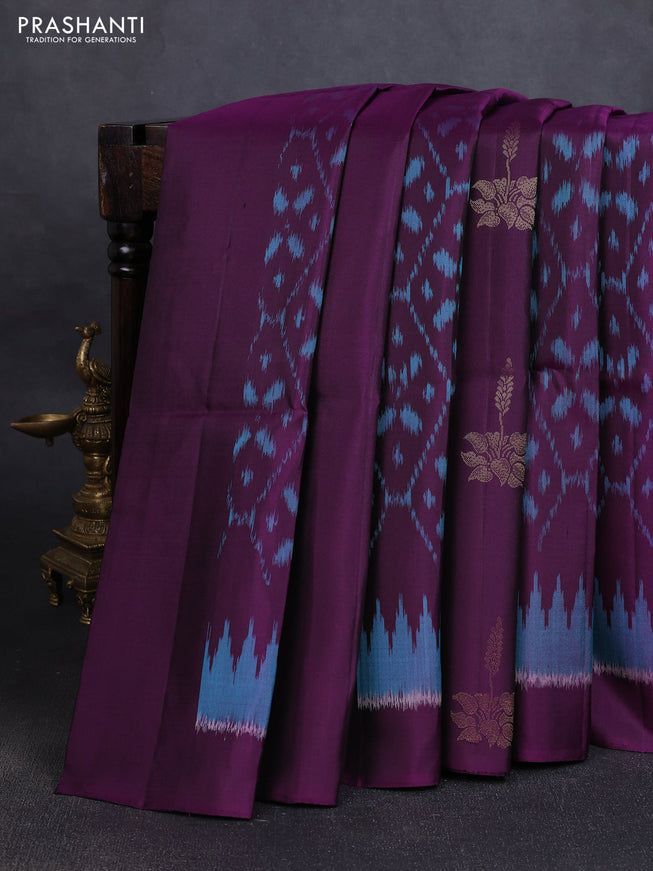 Ikat soft silk saree purple and dual tone blue with allover ikat weaves & zari buttas in borderless style