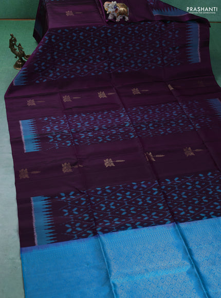 Ikat soft silk saree purple and dual tone blue with allover ikat weaves & zari buttas in borderless style