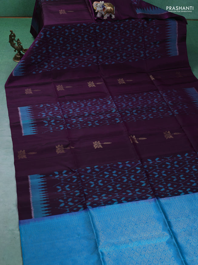 Ikat soft silk saree purple and dual tone blue with allover ikat weaves & zari buttas in borderless style