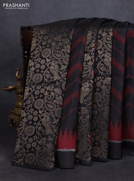 Ikat soft silk saree black and red with allover ikat & zari weaves in borderless style