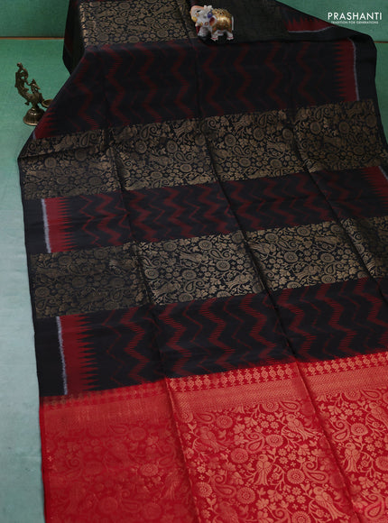 Ikat soft silk saree black and red with allover ikat & zari weaves in borderless style