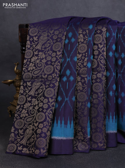 Ikat soft silk saree navy blue and dual tone blue with allover ikat & zari weaves in borderless style