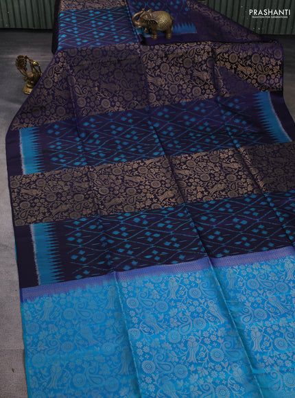 Ikat soft silk saree navy blue and dual tone blue with allover ikat & zari weaves in borderless style