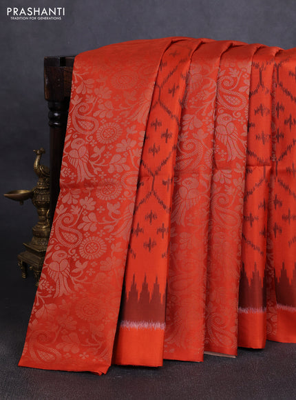 Ikat soft silk saree orange and dark sandal with allover ikat & zari weaves in borderless style