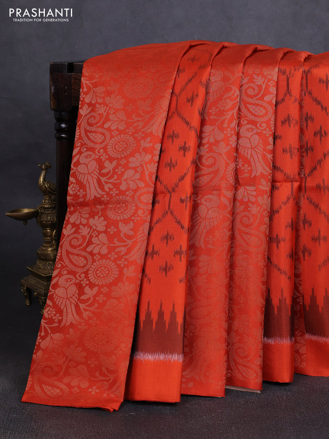 Ikat soft silk saree orange and dark sandal with allover ikat & zari weaves in borderless style