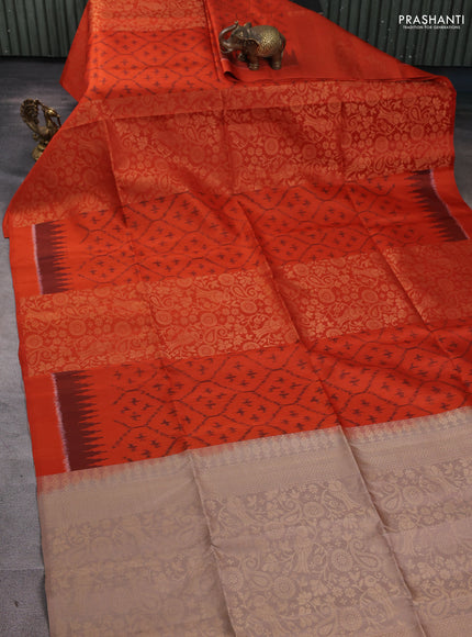 Ikat soft silk saree orange and dark sandal with allover ikat & zari weaves in borderless style