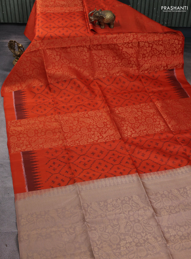 Ikat soft silk saree orange and dark sandal with allover ikat & zari weaves in borderless style