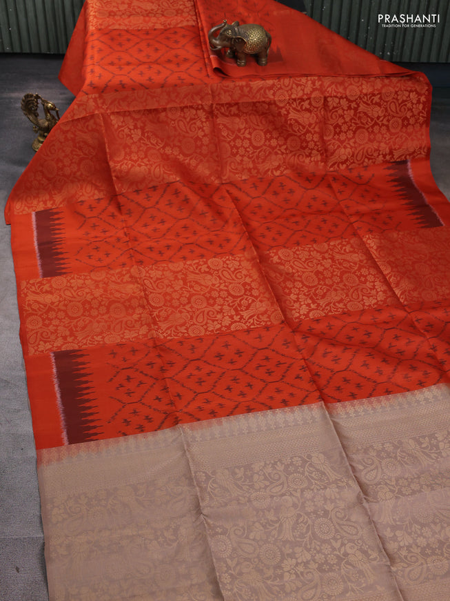 Ikat soft silk saree orange and dark sandal with allover ikat & zari weaves in borderless style