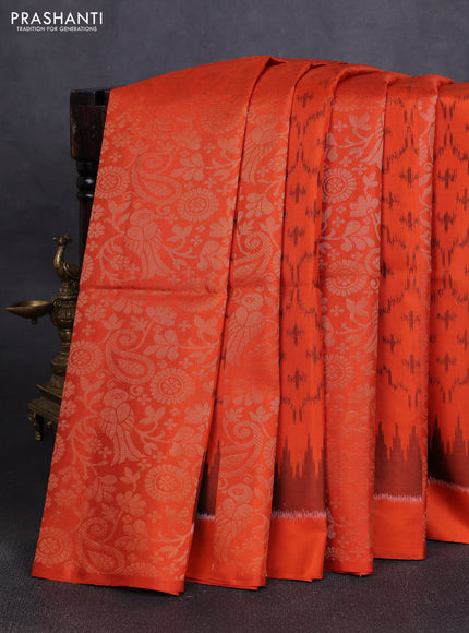 Ikat soft silk saree orange and dark sandal with allover ikat & zari weaves in borderless style
