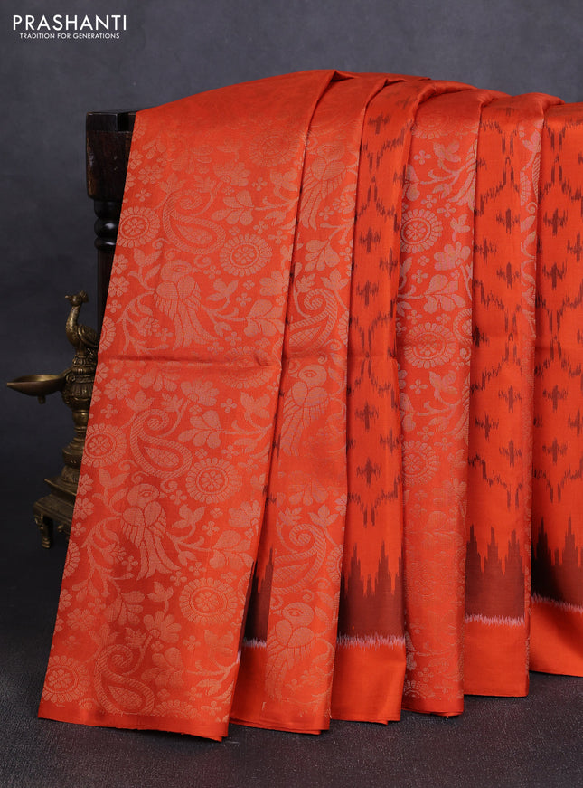 Ikat soft silk saree orange and dark sandal with allover ikat & zari weaves in borderless style