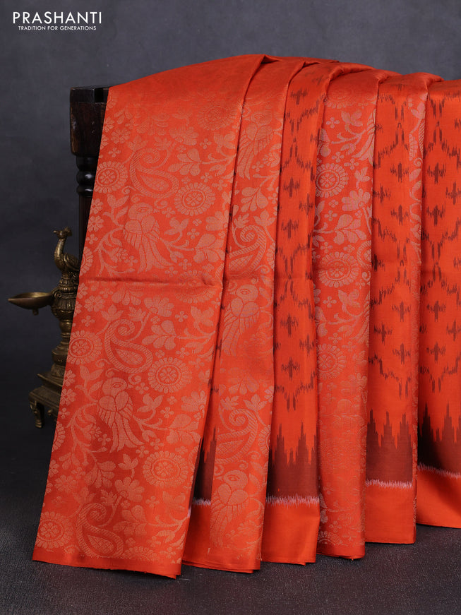 Ikat soft silk saree orange and dark sandal with allover ikat & zari weaves in borderless style
