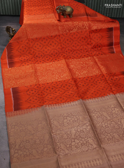 Ikat soft silk saree orange and dark sandal with allover ikat & zari weaves in borderless style