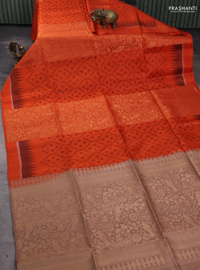 Ikat soft silk saree orange and dark sandal with allover ikat & zari weaves in borderless style