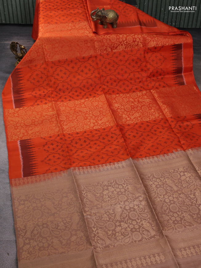 Ikat soft silk saree orange and dark sandal with allover ikat & zari weaves in borderless style