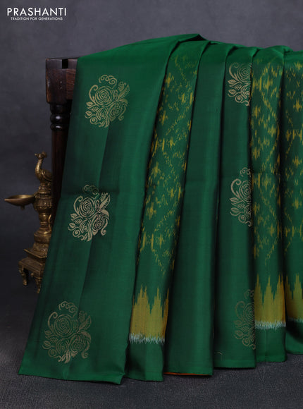 Ikat soft silk saree green and dark mustard with allover ikat weaves & zari buttas in borderless style
