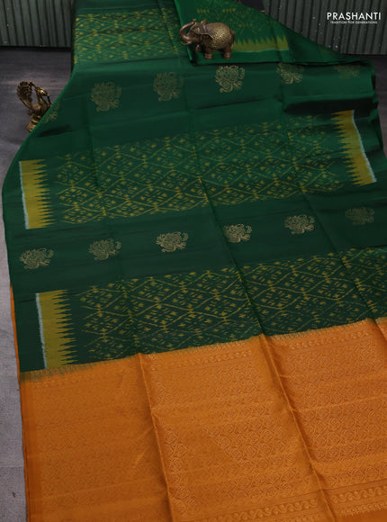 Ikat soft silk saree green and dark mustard with allover ikat weaves & zari buttas in borderless style