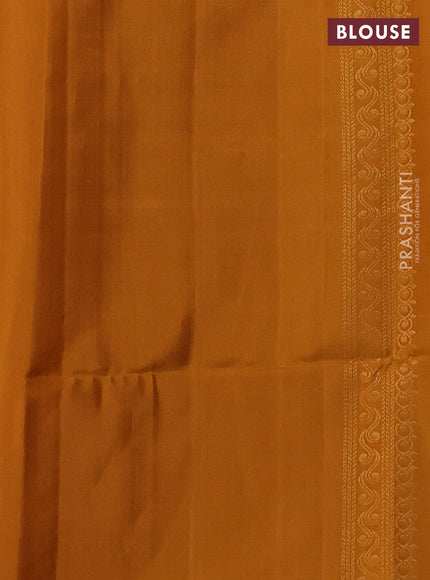 Ikat soft silk saree green and dark mustard with allover ikat weaves & zari buttas in borderless style