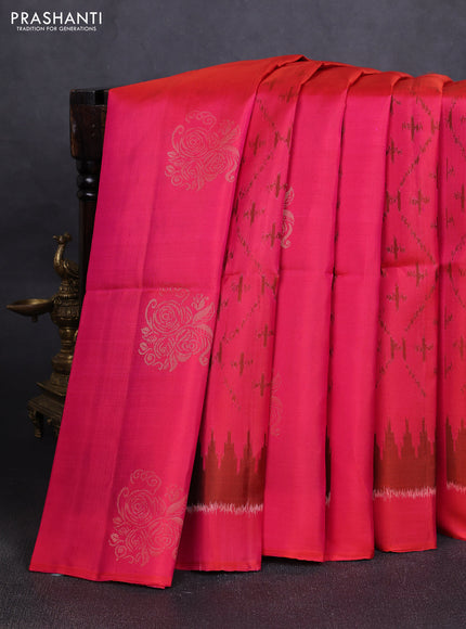 Ikat soft silk saree dual tone pink and dark sandal with allover ikat weaves & zari buttas in borderless style