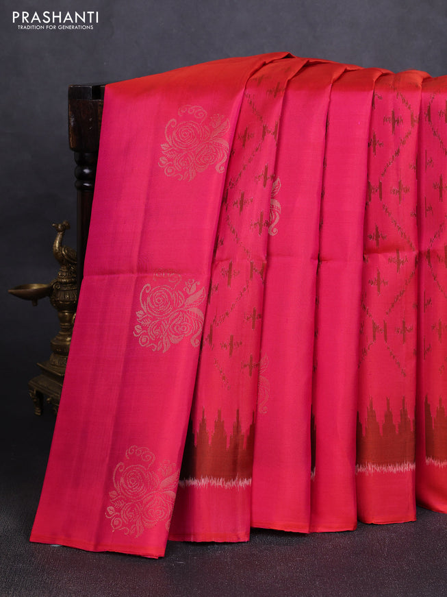 Ikat soft silk saree dual tone pink and dark sandal with allover ikat weaves & zari buttas in borderless style