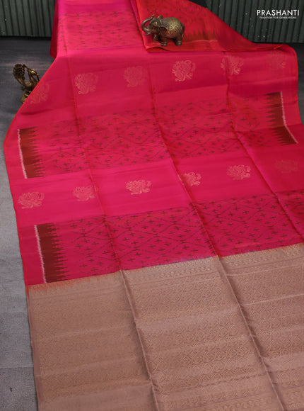 Ikat soft silk saree dual tone pink and dark sandal with allover ikat weaves & zari buttas in borderless style