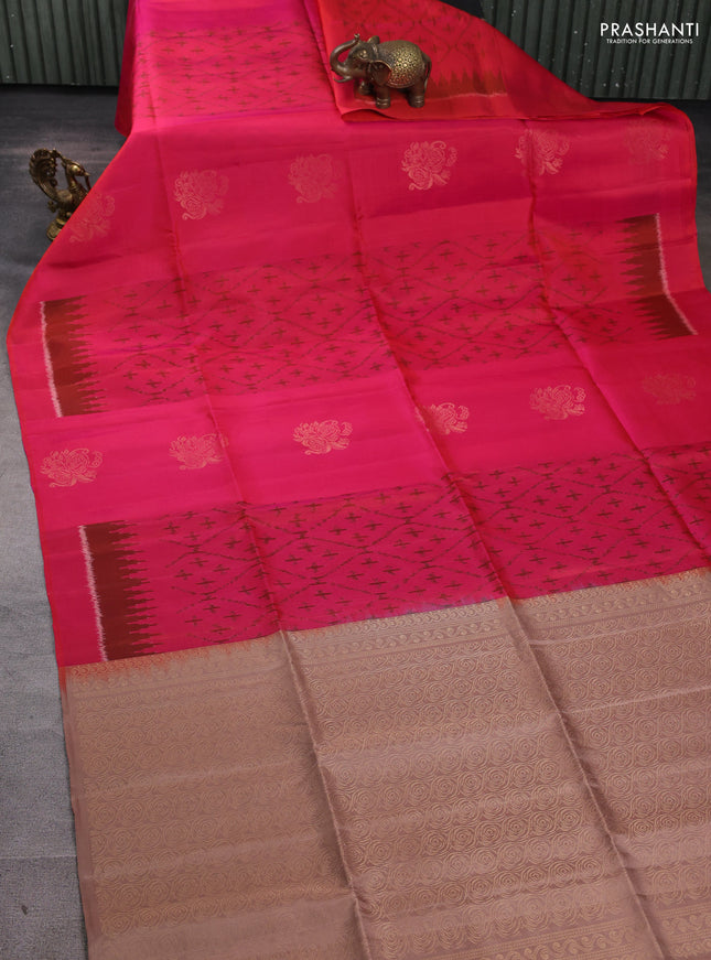 Ikat soft silk saree dual tone pink and dark sandal with allover ikat weaves & zari buttas in borderless style