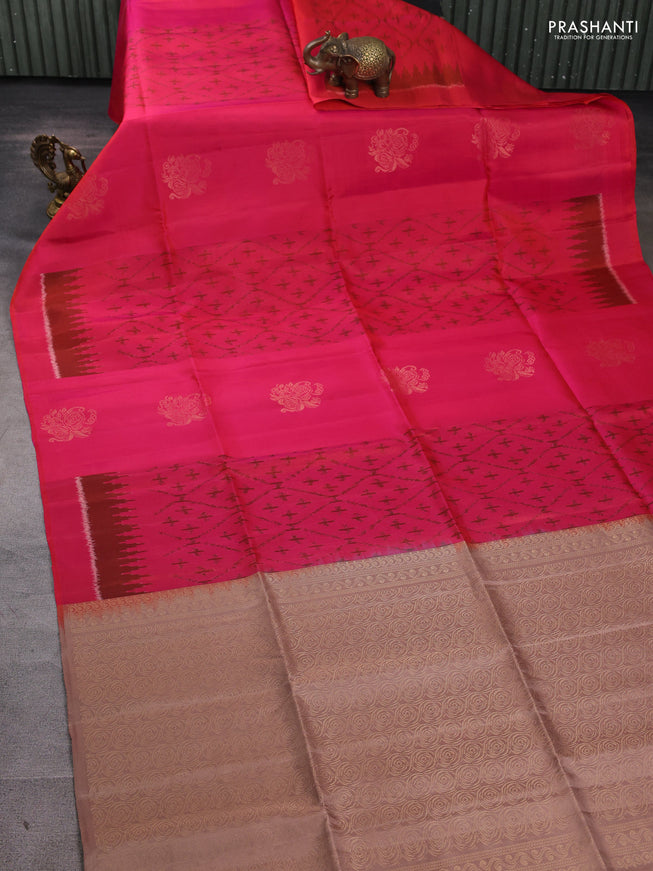 Ikat soft silk saree dual tone pink and dark sandal with allover ikat weaves & zari buttas in borderless style