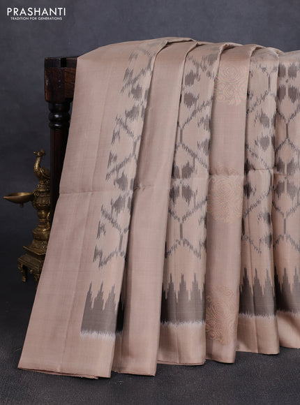 Ikat soft silk saree beige and dark mustard with allover ikat weaves & zari buttas in borderless style